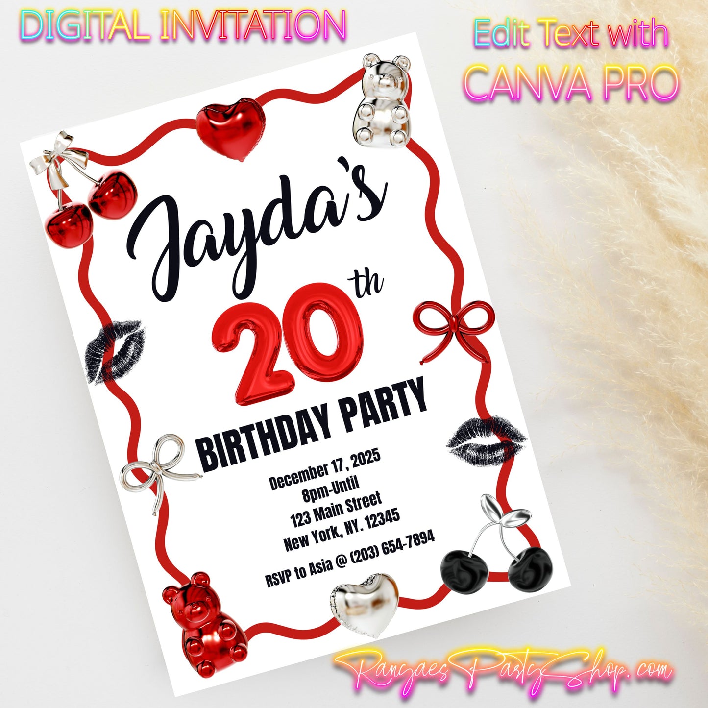 20th Birthday 5x7 Digital Invitation | 20th Birthday Invite | Edit Text with CANVA PRO | Digital File Only