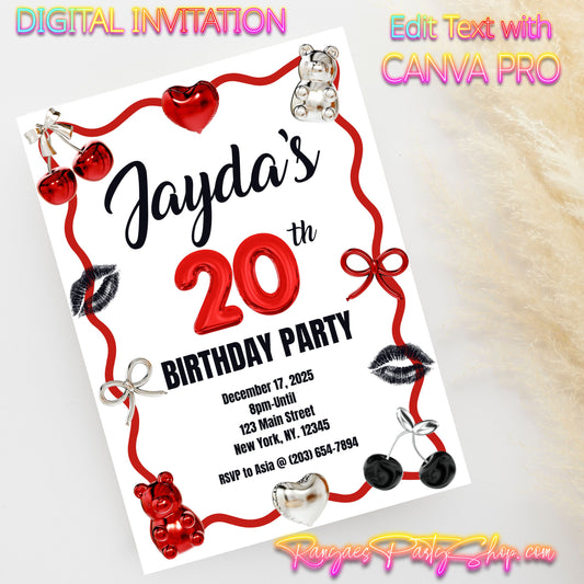 20th Birthday 5x7 Digital Invitation | 20th Birthday Invite | Edit Text with CANVA PRO | Digital File Only