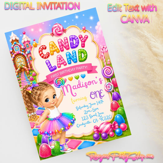CC Candy Land  5x7 Digital Invitation | Candy Land Birthday Invite | Edit Text with CANVA | Digital File Only
