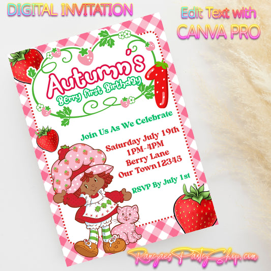 AA Strawberry Shortcake 5x7 Digital Invitation | AA Berry Sweet Party Invite | Edit Text with CANVA PRO | Birthday Party Invitation | Digital File Only