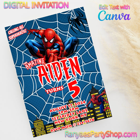 Spiderman 5x7 Digital Invitation | Spiderman Party Invite | Edit Text with Canva | Birthday Party Invitation | Digital File Only