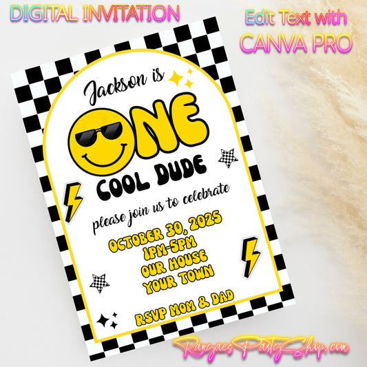 One Cool Dude 5x7 Digital Invitation | Cool Dude Party Invite | Edit Text with Canva | Birthday Party Invitation | Digital File Only