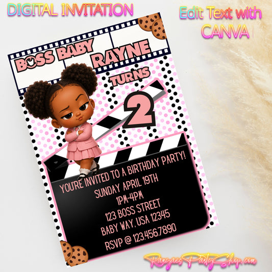 African American Girl Boss Baby 5x7 Digital Invitation | Girl Boss Baby Party Invite | Edit Text with CANVA PRO | Birthday Party Invitation | Digital File Only