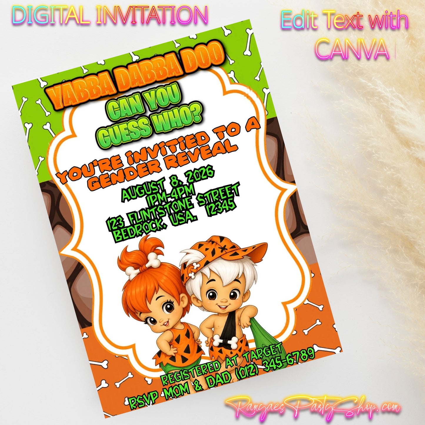 Bam Bam or Pebbles 5x7 Digital Invitation | Gender Reveal Invitation | Bam Bam or Pebbles | Edit Text with Canva | Digital File Only