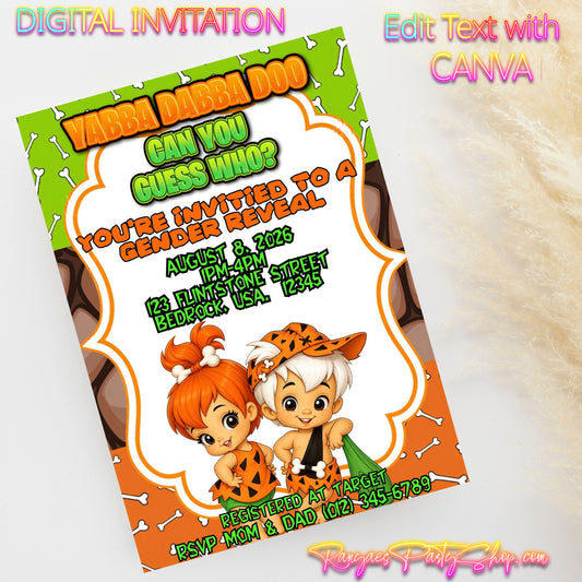 Bam Bam or Pebbles 5x7 Digital Invitation | Gender Reveal Invitation | Bam Bam or Pebbles | Edit Text with Canva | Digital File Only