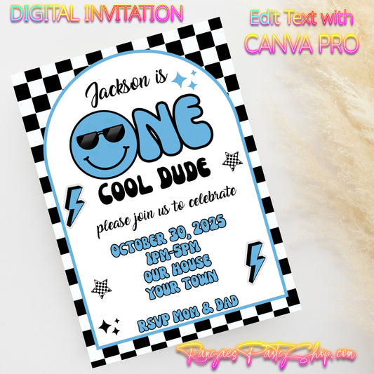 One Cool Dude 5x7 Digital Invitation | Happy Cool Party Invite | Edit Text with Canva | Birthday Party Invitation | Digital File Only