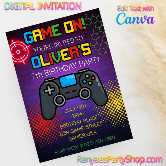 Game On 5x7 Digital Invitation | Gamer Party Invite | Edit Text with Canva | Birthday Party Invitation | Digital File Only