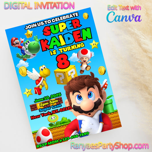 Super Mario 5x7 Digital Invitation | Super Mario Party Invite | Edit Text with Canva | Birthday Party Invitation | Digital File Only