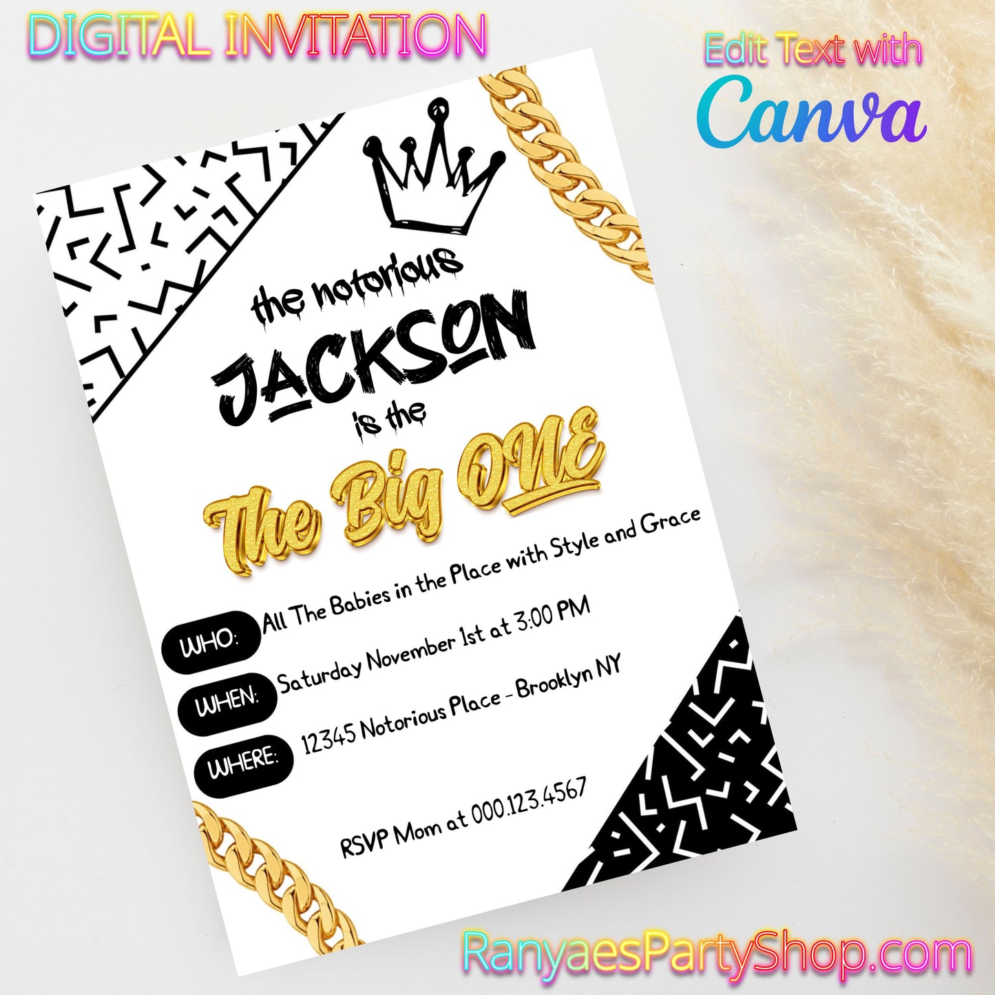 Notorious One 5x7 Digital Invitation | The Big One Party Invite | Edit Text with Canva | Birthday Party Invitation | Digital File Only