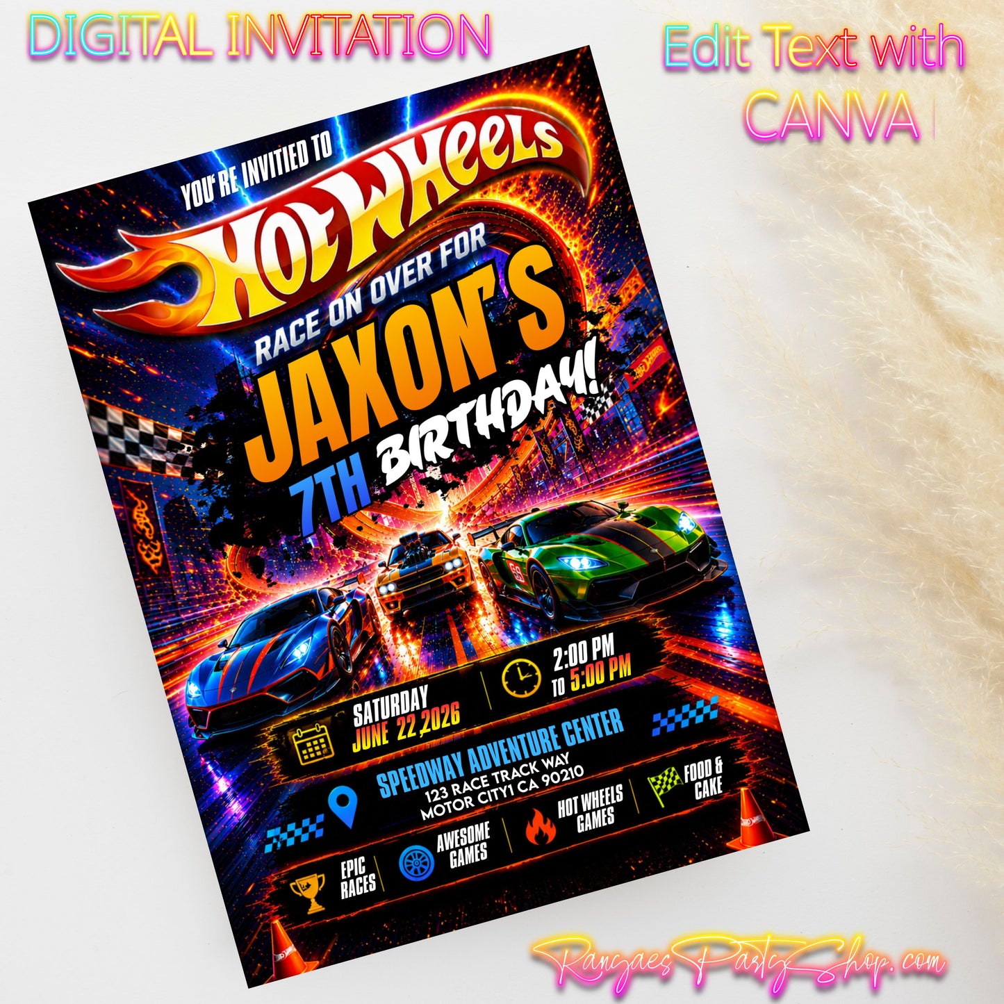Hot Wheels 5x7 Digital Invitation | Hot Wheels Birthday Invite | Edit Text with CANVA | Digital File Only