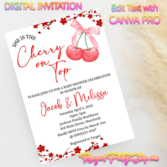 She's the Cherry on Top 5x7 Digital Invitation | Cherry on Top Baby Shower Invite | Edit Text with CANVA PRO | Baby Shower Invitation | Digital File Only