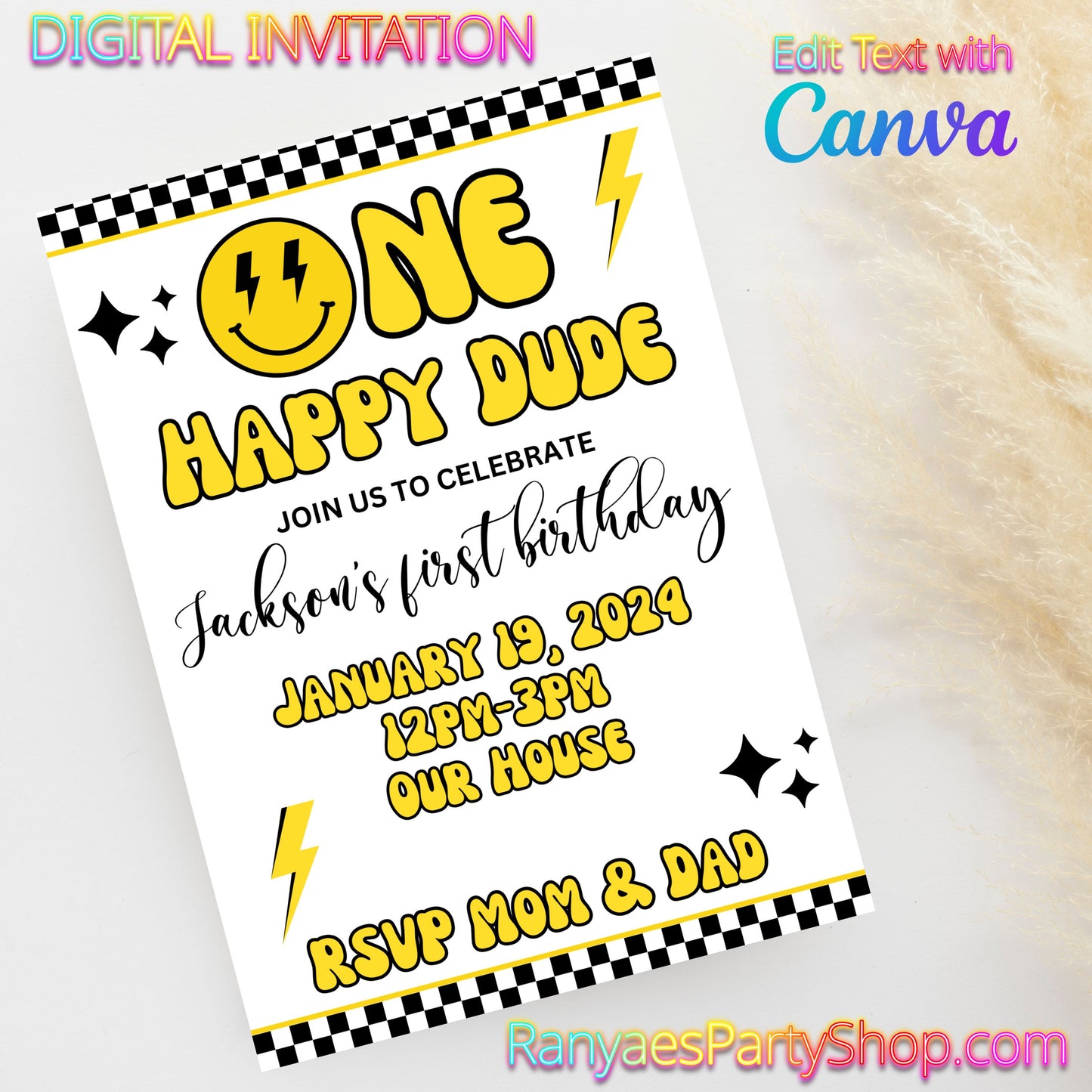 One Happy Dude 5x7 Digital Invitation | Happy Dude Party Invite | Edit Text with Canva | Birthday Party Invitation | Digital File Only