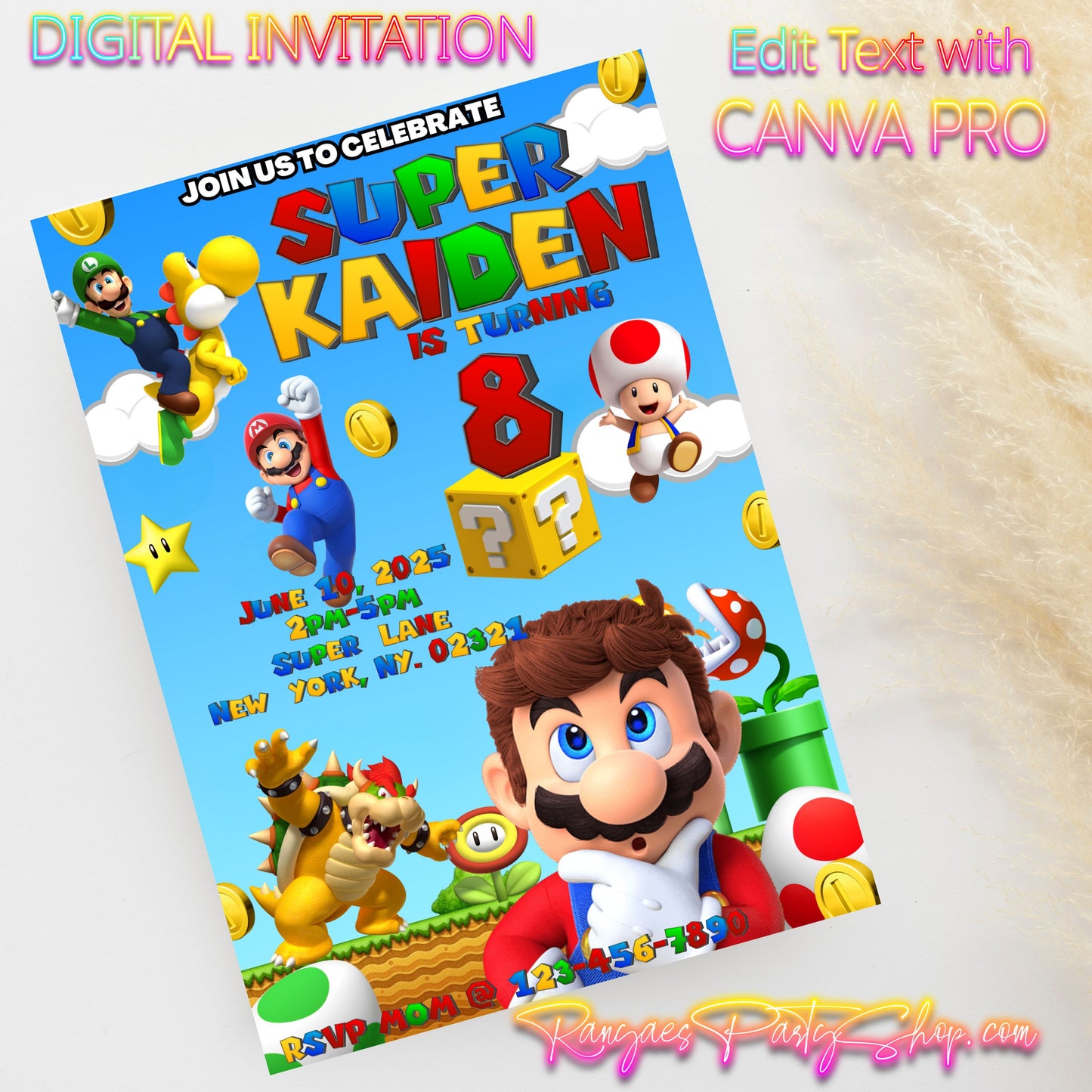 Super Mario 5x7 Digital Invitation | Super Mario Party Invite | Edit Text with CANVA PRO | Birthday Party Invitation | Digital File Only