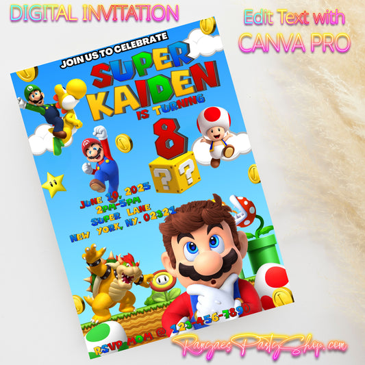 Super Mario 5x7 Digital Invitation | Super Mario Party Invite | Edit Text with CANVA PRO | Birthday Party Invitation | Digital File Only