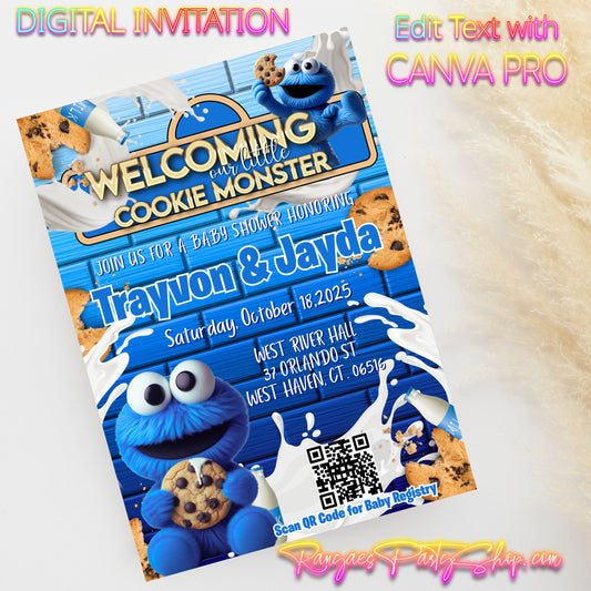 Cookie Monster 5x7 Digital Invitation | Cookie Monster Baby Shower Invite | Edit Text with CANVA PRO | Baby Shower Invitation | Digital File Only