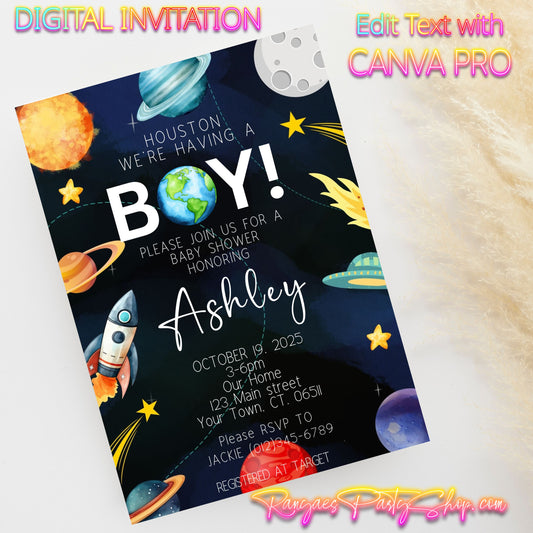 Houston We Have A Boy 5x7 Digital Invitation | Outer Space Baby Shower Invite | Edit Text with CANVA PRO | Digital File Only