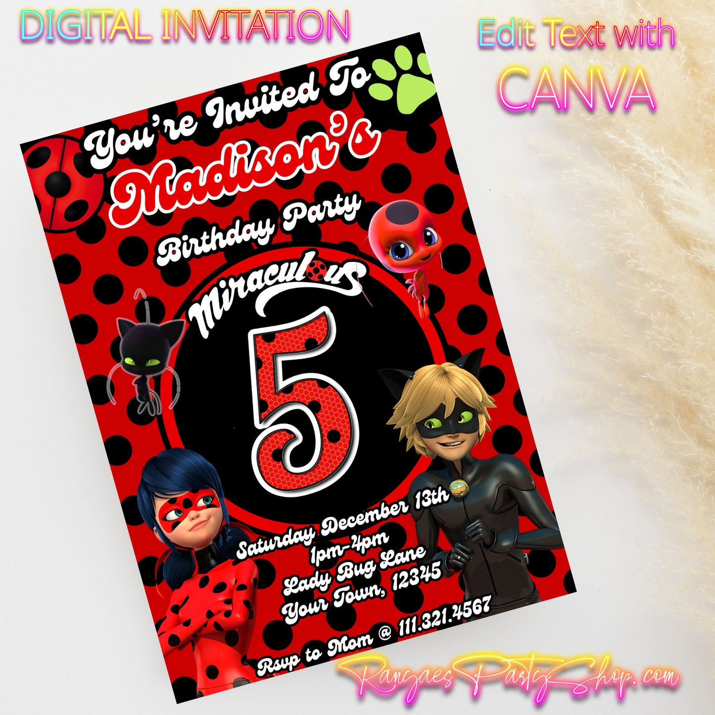 Miraculous Lady Bug 5x7 Digital Invitation | Lady Bug Party Invite | Edit Text with CANVA | Birthday Party Invitation | Digital File Only