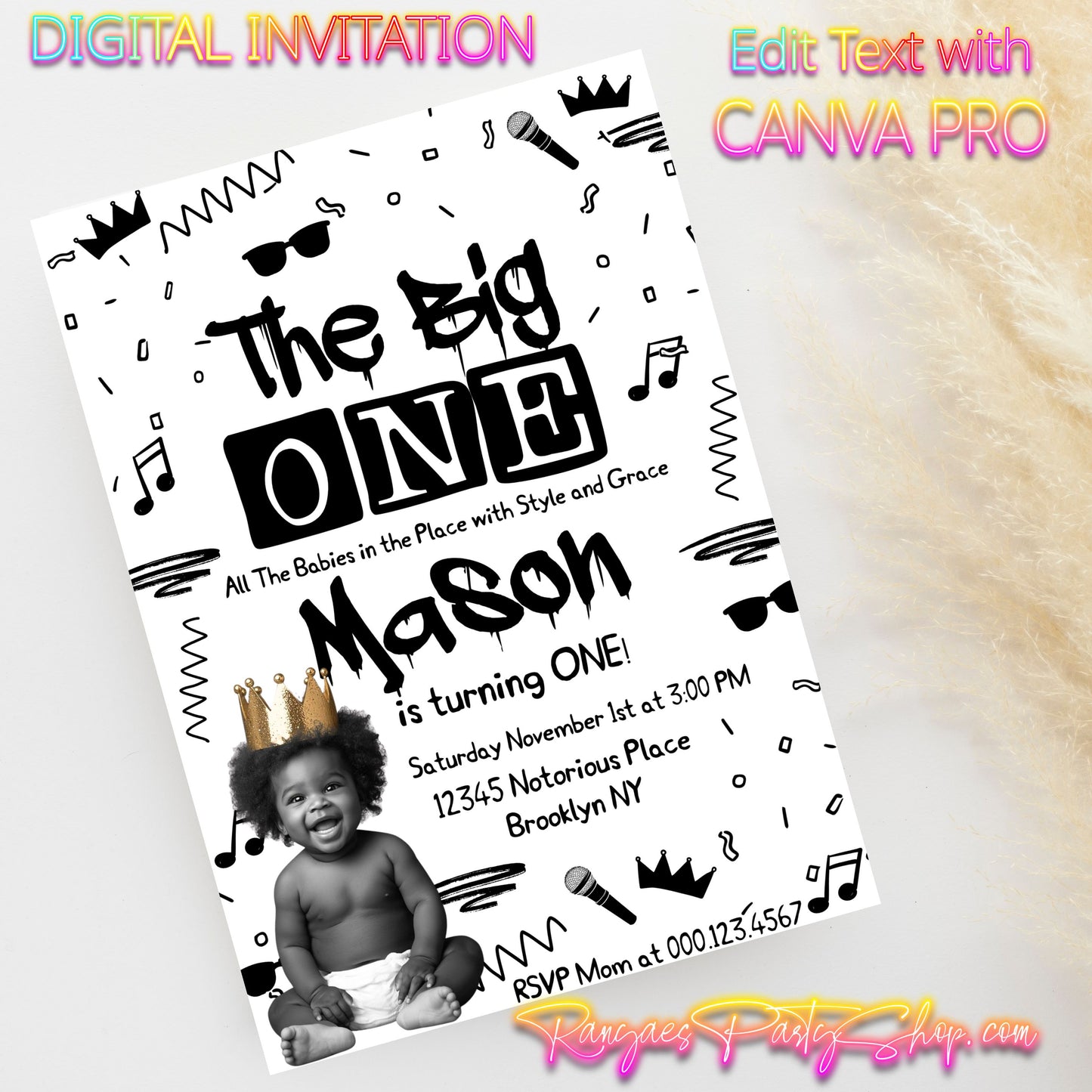 Notorious One 5x7 Digital Invitation | The Big One Party Invite | Edit Text with CANVA PRO | Birthday Party Invitation | Digital File Only