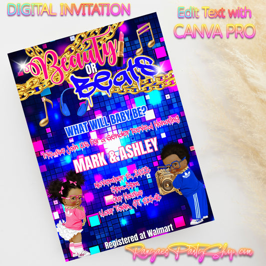 Beauty or Beats Gender 5x7 Digital Invitation | Beauty or Beats Gender Reveal Invite | Edit Text with CANVA PRO | Digital File Only