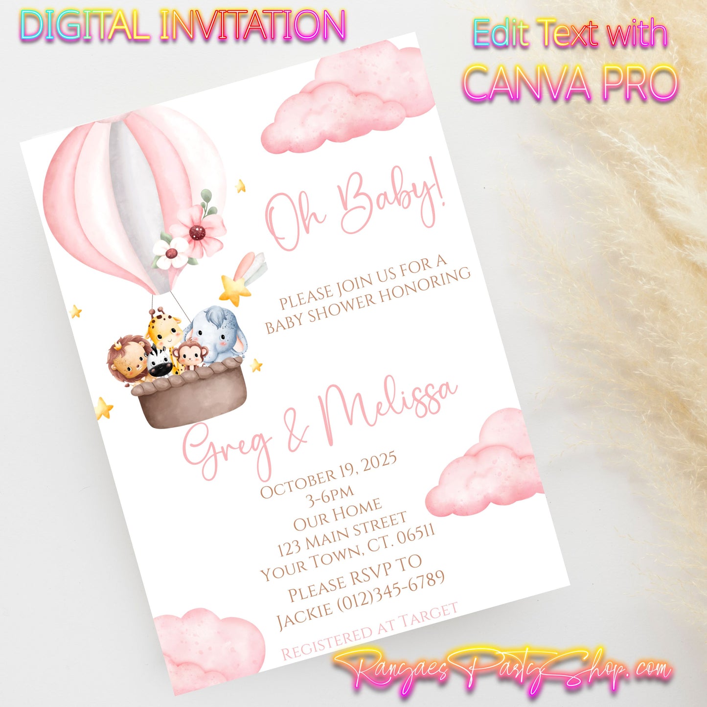 Baby Girl Safari 5x7 Digital Invitation | Safari Baby Shower Invite | Edit Text with CANVA PRO | Digital File Only