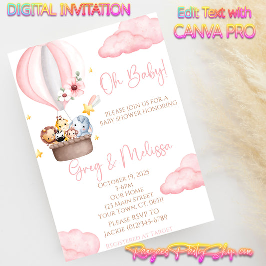 Baby Girl Safari 5x7 Digital Invitation | Safari Baby Shower Invite | Edit Text with CANVA PRO | Digital File Only