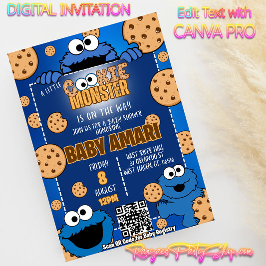 Cookie Monster 5x7 Digital Invitation | Cookie Monster Baby Shower Invite | Edit Text with CANVA PRO | Baby Shower Invitation | Digital File Only