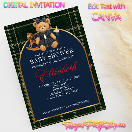 Ralph Lauren Girl 5x7 Digital Invitation | Polo Baby Shower Invite | Edit Text with Canva | Ralph Lauren Polo Baby Shower | Digital File Only