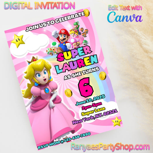 Princess Peach 5x7 Digital Invitation | Princess Peach Party Invite | Edit Text with Canva | Birthday Party Invitation | Digital File Only