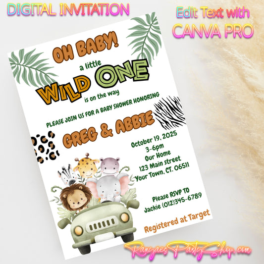 Safari Baby Shower 5x7 Digital Invitation | Safari Baby Shower | Edit Text with CANVA PRO | Digital File Only