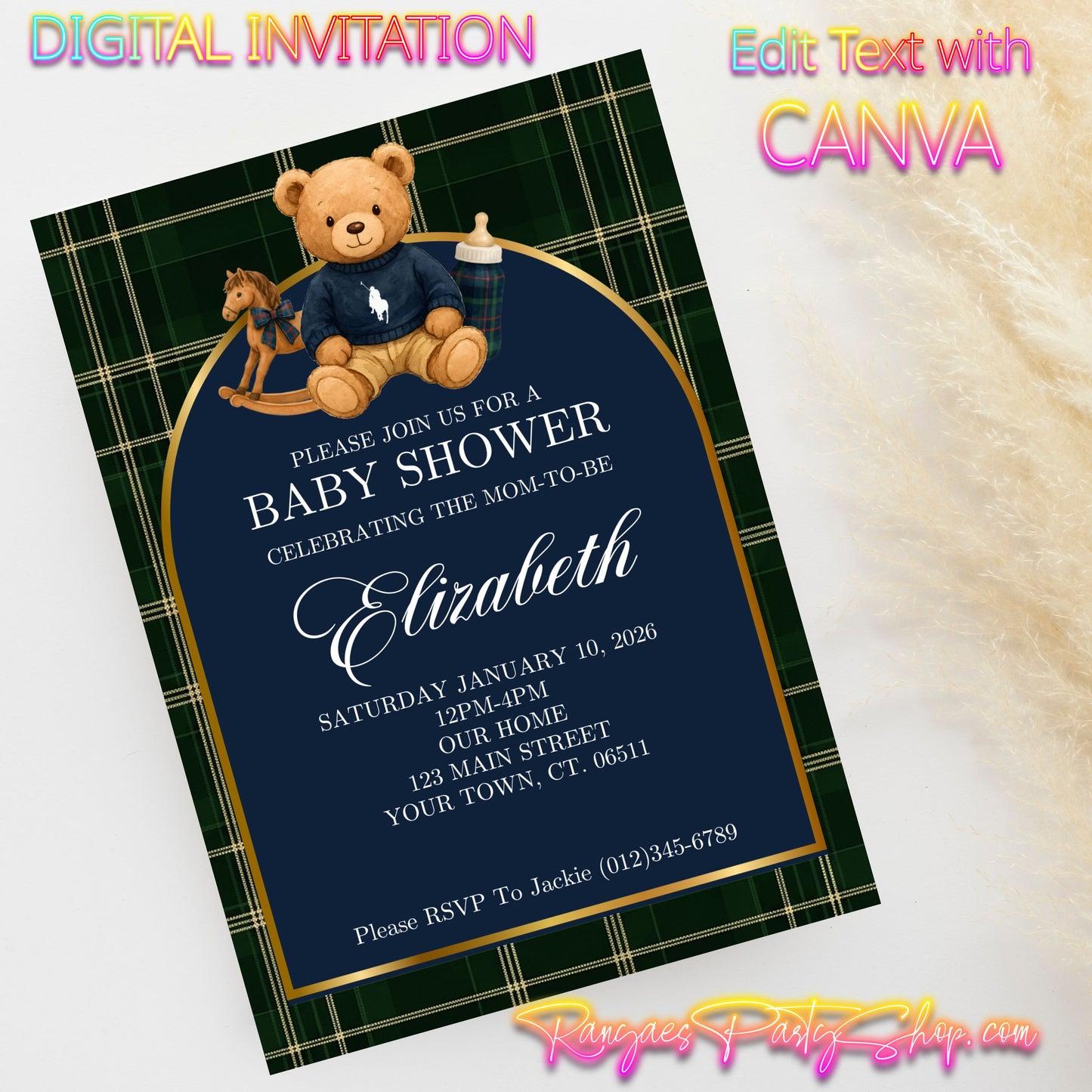 Ralph Lauren 5x7 Digital Invitation | Polo Baby Shower Invite | Edit Text with Canva | Ralph Lauren Polo Baby Shower | Digital File Only