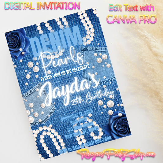 Denim & Pearls 5x7 Digital Invitation | Denim & Pearls Birthday Invite | Edit Text with CANVA PRO | Digital File Only