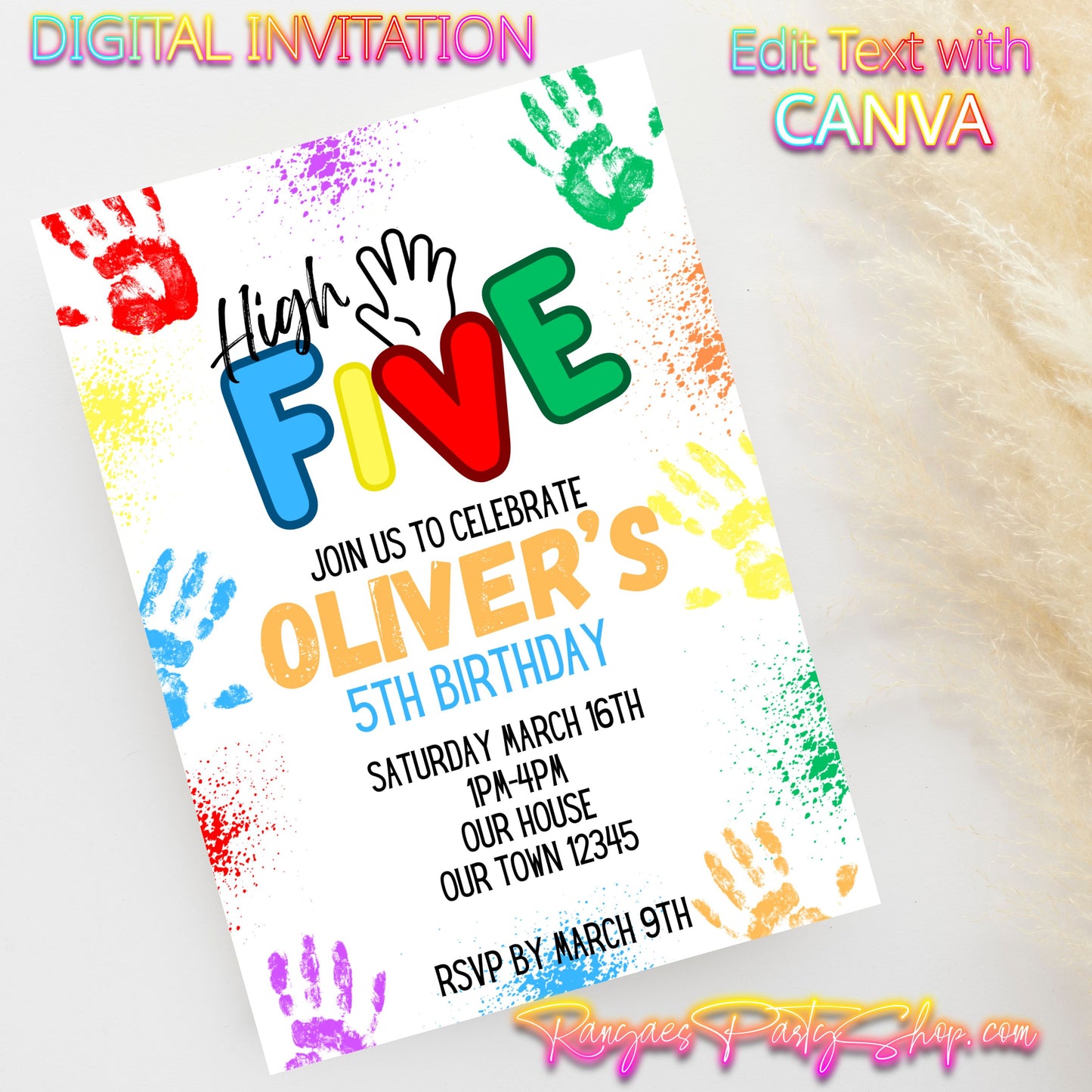 High Five 5x7 Digital Invitation | High 5 Party Invite | Edit Text with Canva | Birthday Party Invitation | Digital File Only