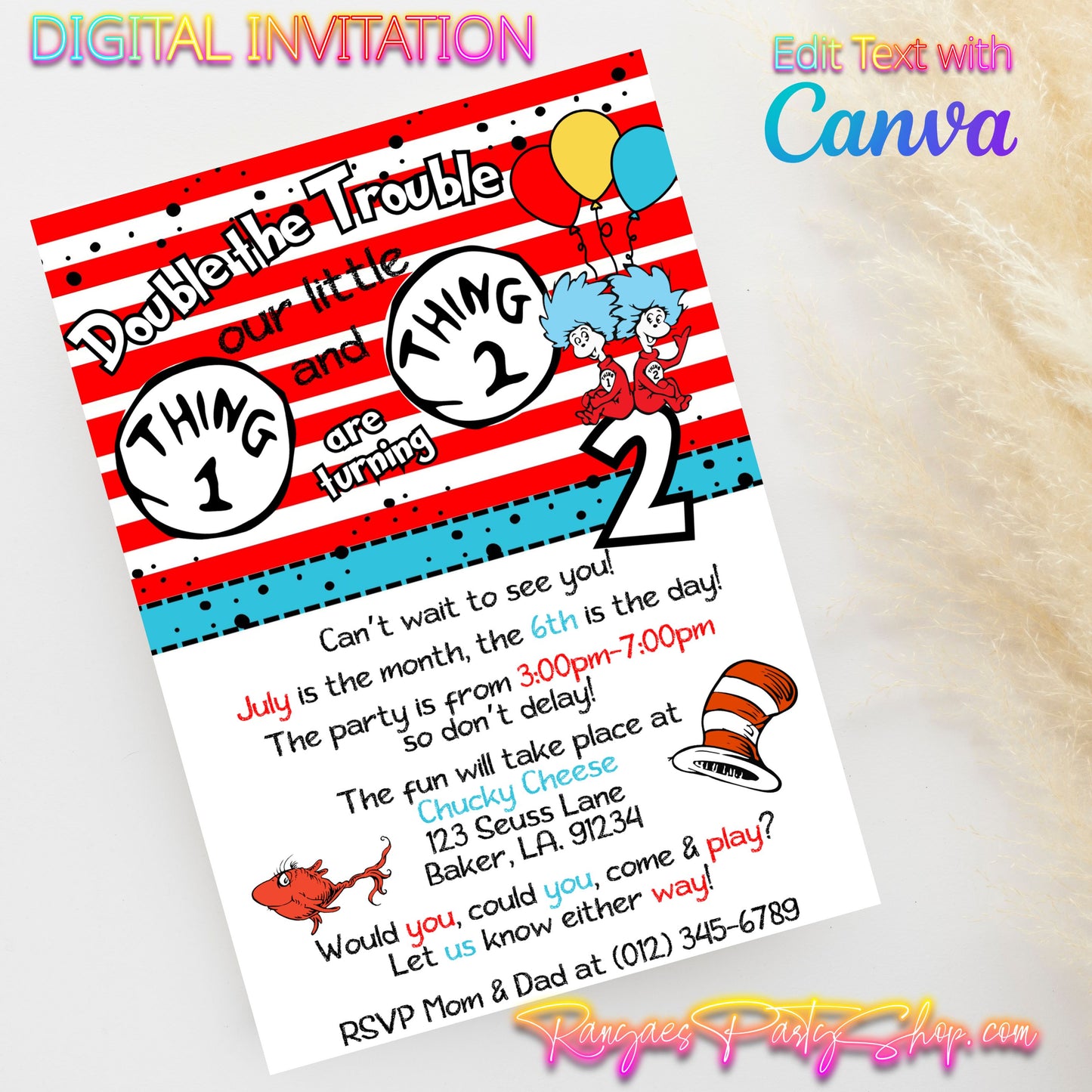 Double the Trouble Thing 1 Thing 2 5x7 Digital Invitation | Twins Birthday Party Invite | Edit Text with Canva | Birthday Party Invitation | Digital File Only