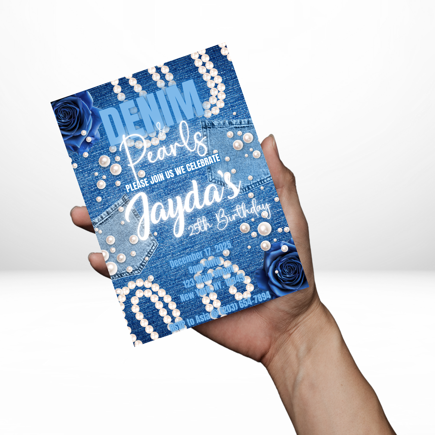 Denim & Pearls 5x7 Digital Invitation | Denim & Pearls Birthday Invite | Edit Text with CANVA PRO | Digital File Only