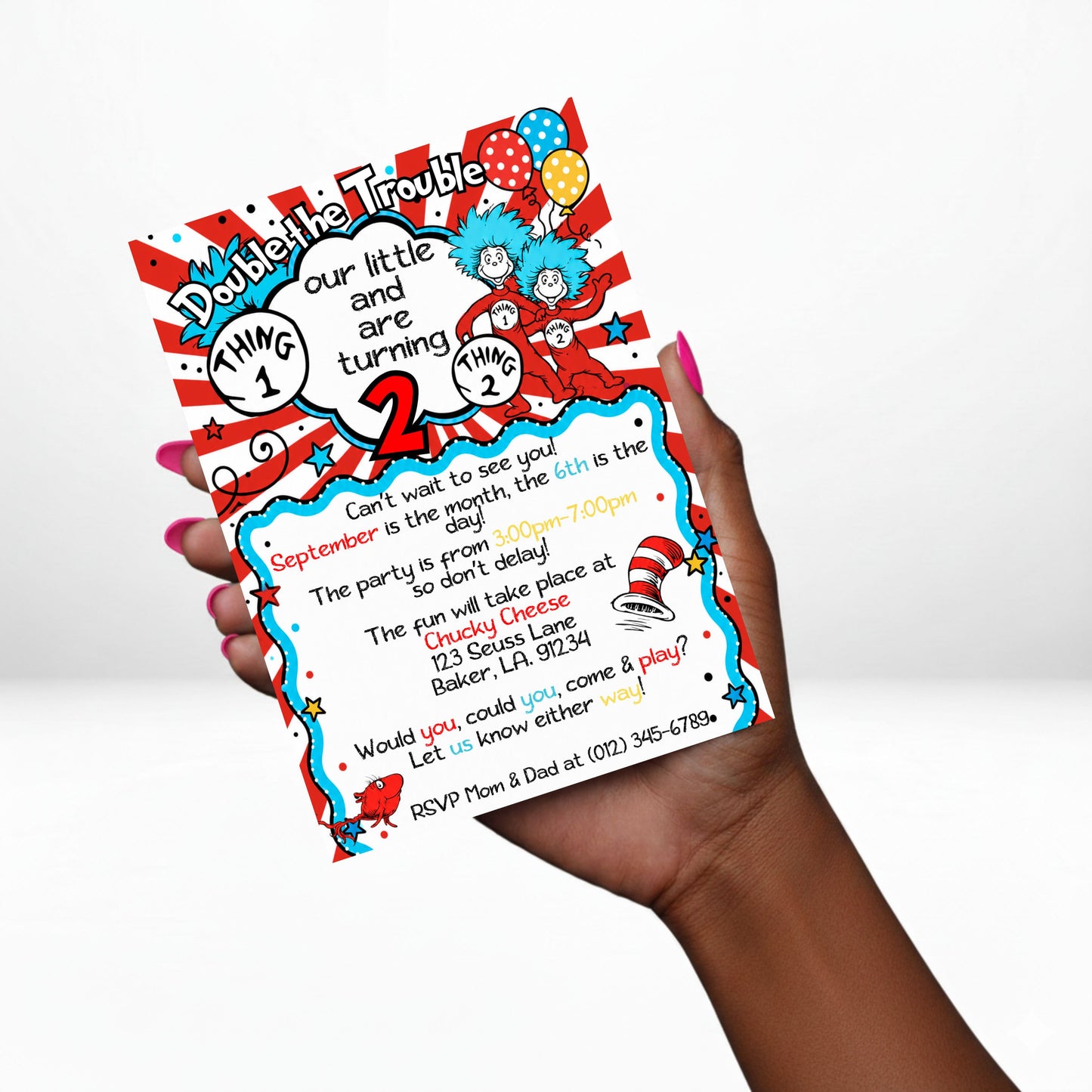 Double the Trouble Thing 1 & Thing 2 5x7 Digital Invitation | Twins Birthday Party Invite | Edit Text with Canva | Digital File Only