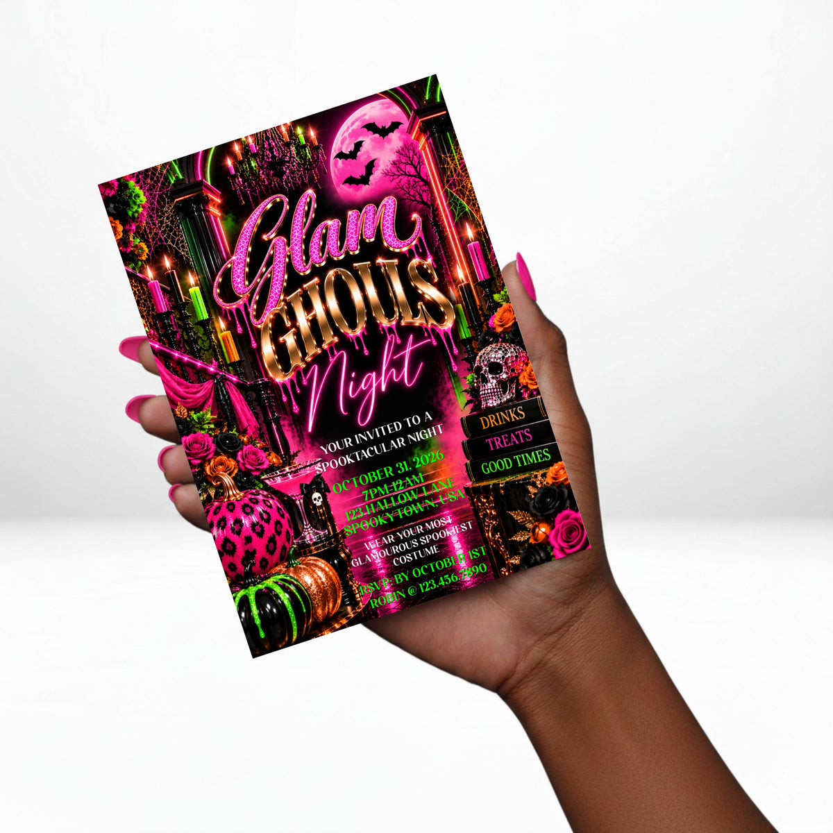 Glam Ghouls Night 5x7 Halloween Invitation | Neon Pink Green & Orange Editable Canva Template | Spooky Glam Party Invite