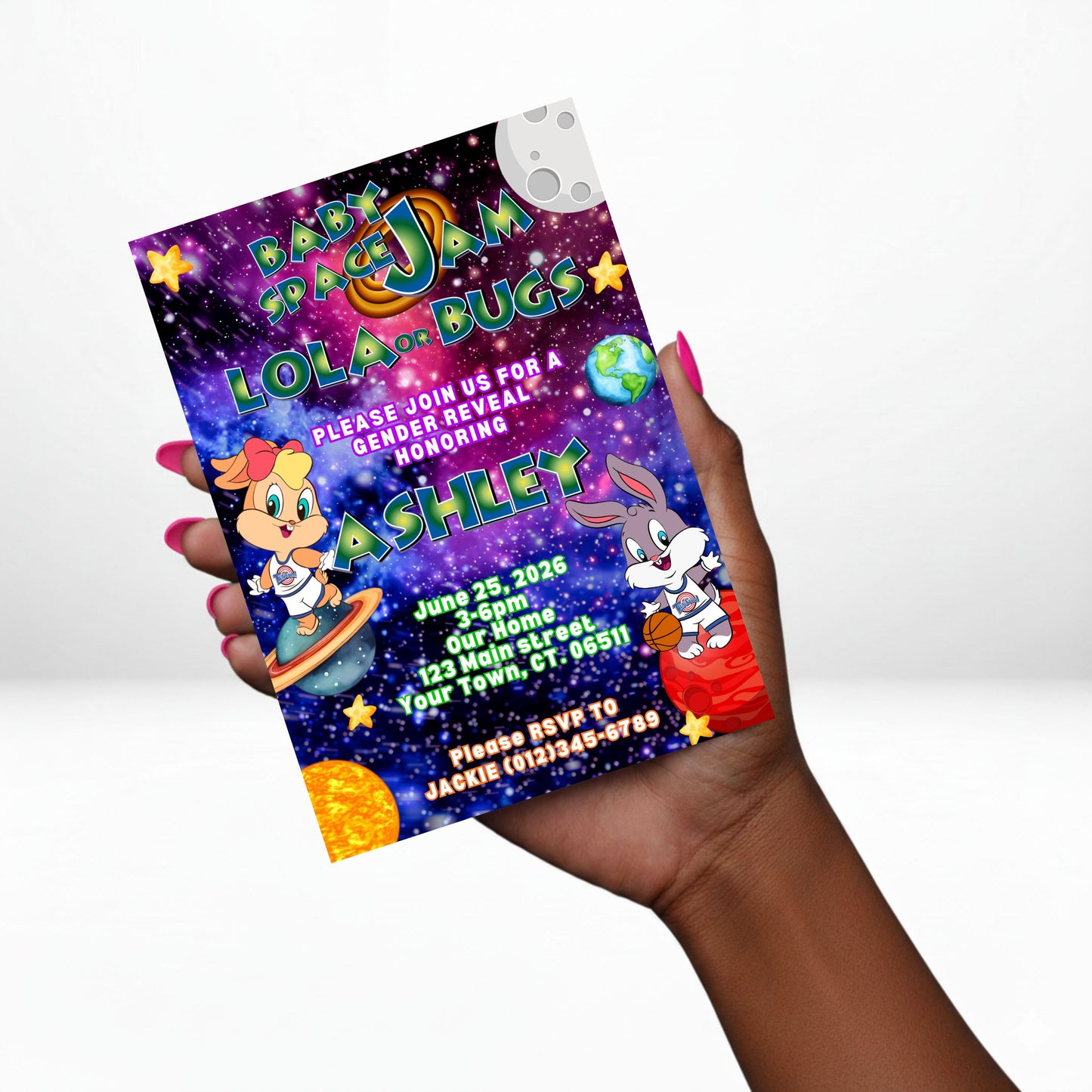 Lola or Bugs Space Jam Gender Reveal 5x7 Digital Invitation | Space Jam Baby Gender Reveal Invite | Edit Text with Canva | Lola or Bugs | Digital File Only