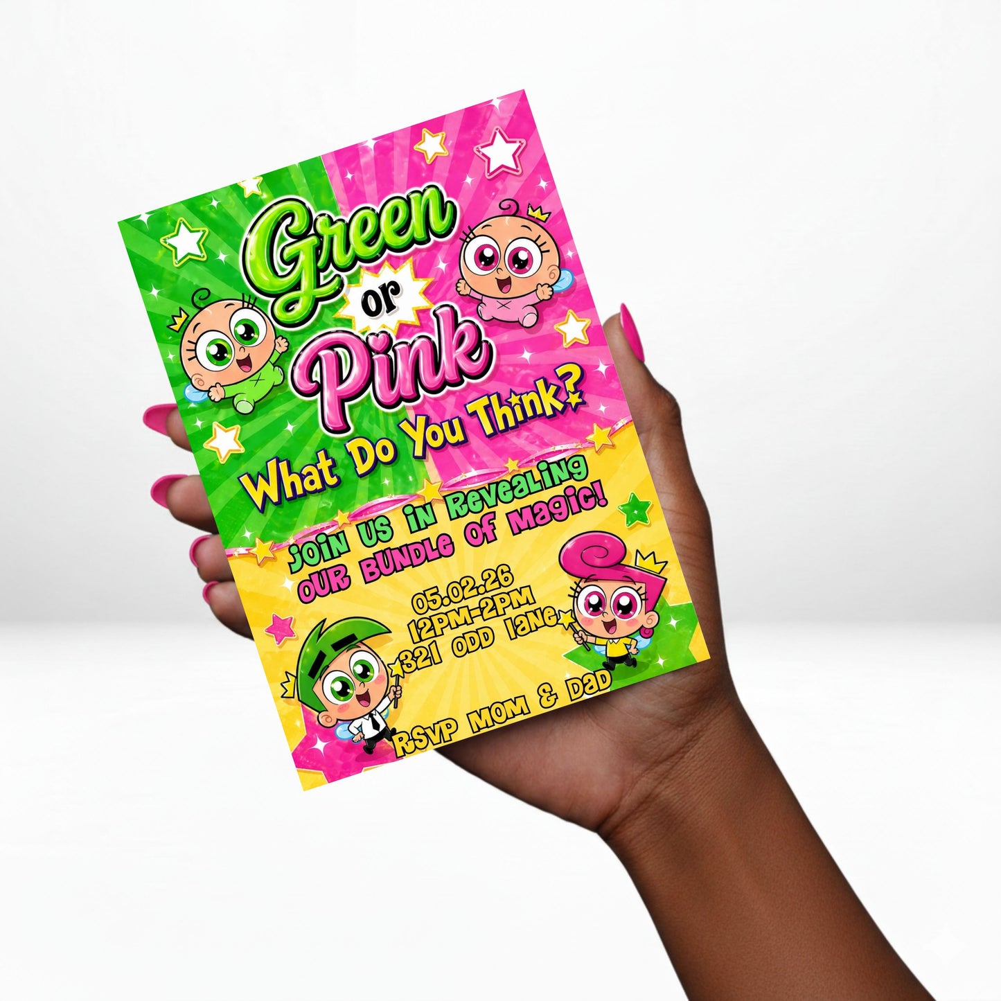 Fairly Oddparents Gender Reveal 5x7 Digital Invitation | Cosmo or Wanda Gender Reveal | Edit Text with Canva Pro | Digital File Only