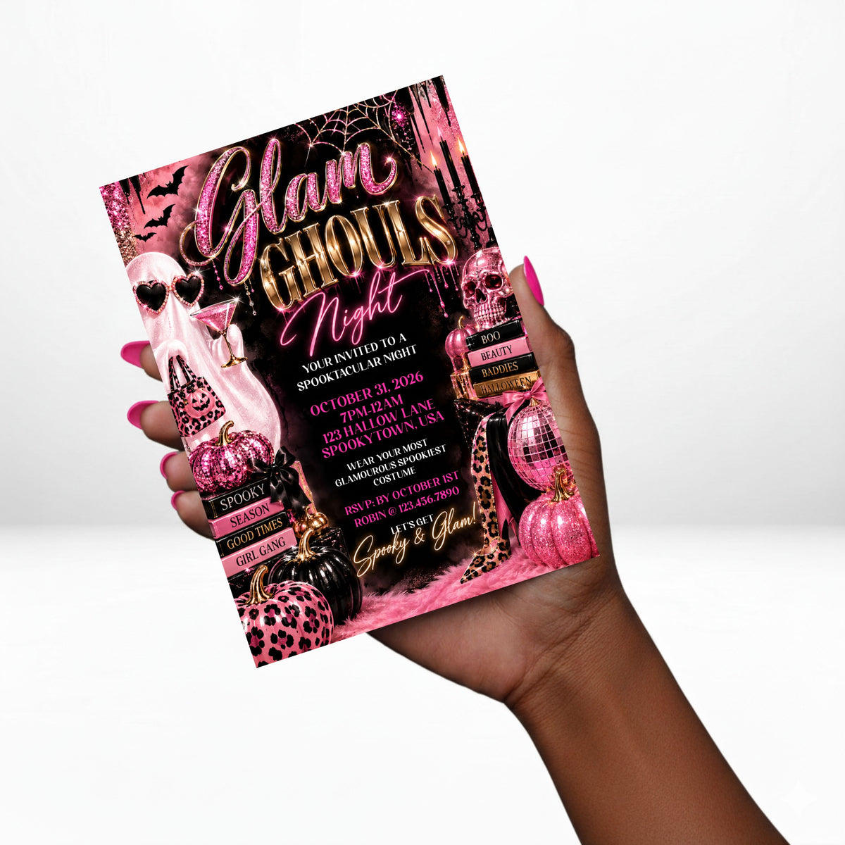 Glam Ghouls 5x7 Night Halloween Invitation | Spooky & Glam Editable Canva Template | Pink & Black Halloween Party Invite