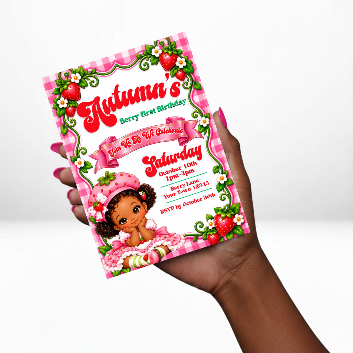 Strawberry Shortcake 5x7 Digital Invitation | Berry First Party Invite | Edit Text with Canva | Birthday Party Invitation | Digital File Only