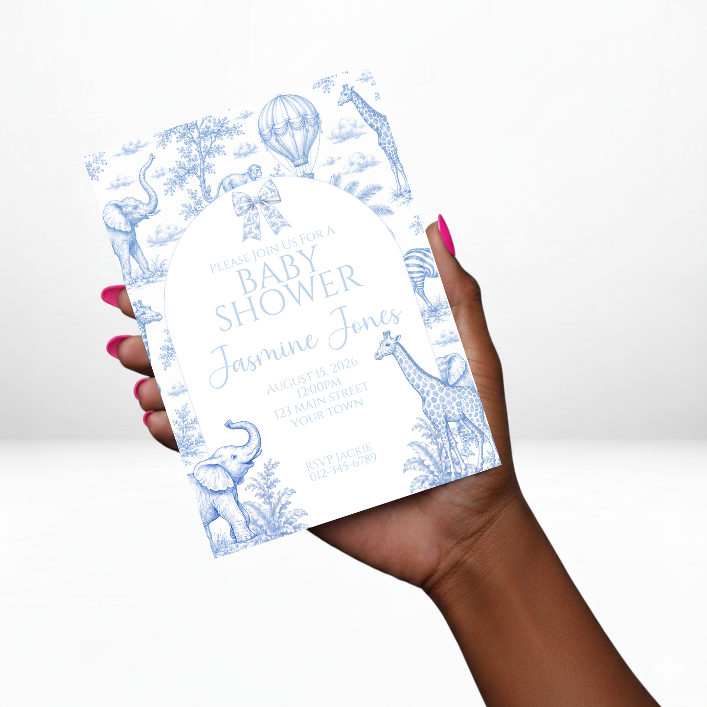 Blue Toile Safari Baby Shower Invitation | Editable Canva Template | Digital Download