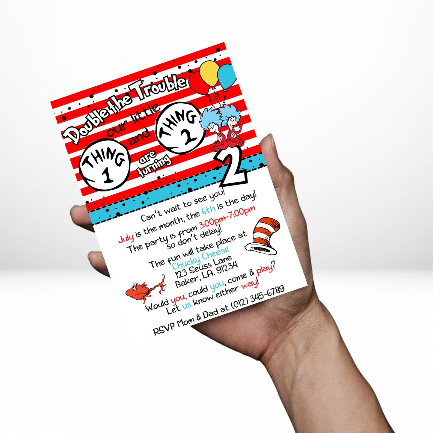 Double the Trouble Thing 1 Thing 2 5x7 Digital Invitation | Twins Birthday Party Invite | Edit Text with Canva | Birthday Party Invitation | Digital File Only