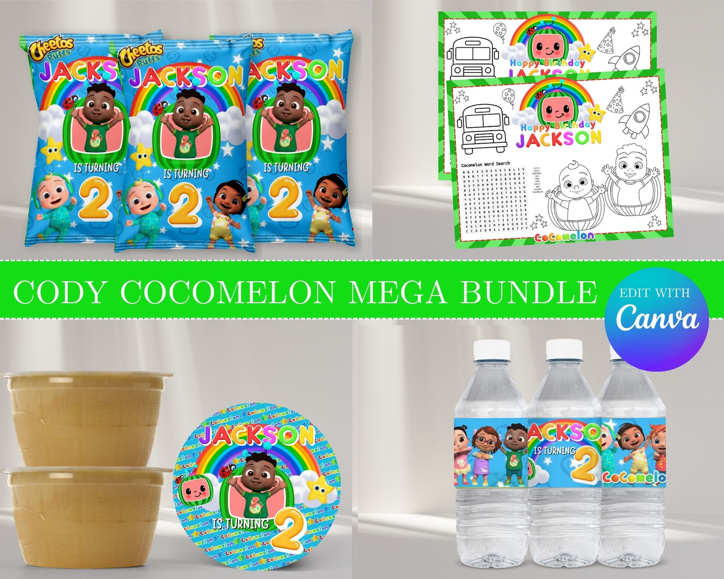 Cocomelon Cody MEGA Party Bundle | Edit Text with Canva | Cocomelon Cody Favor Bundle | Digital Files