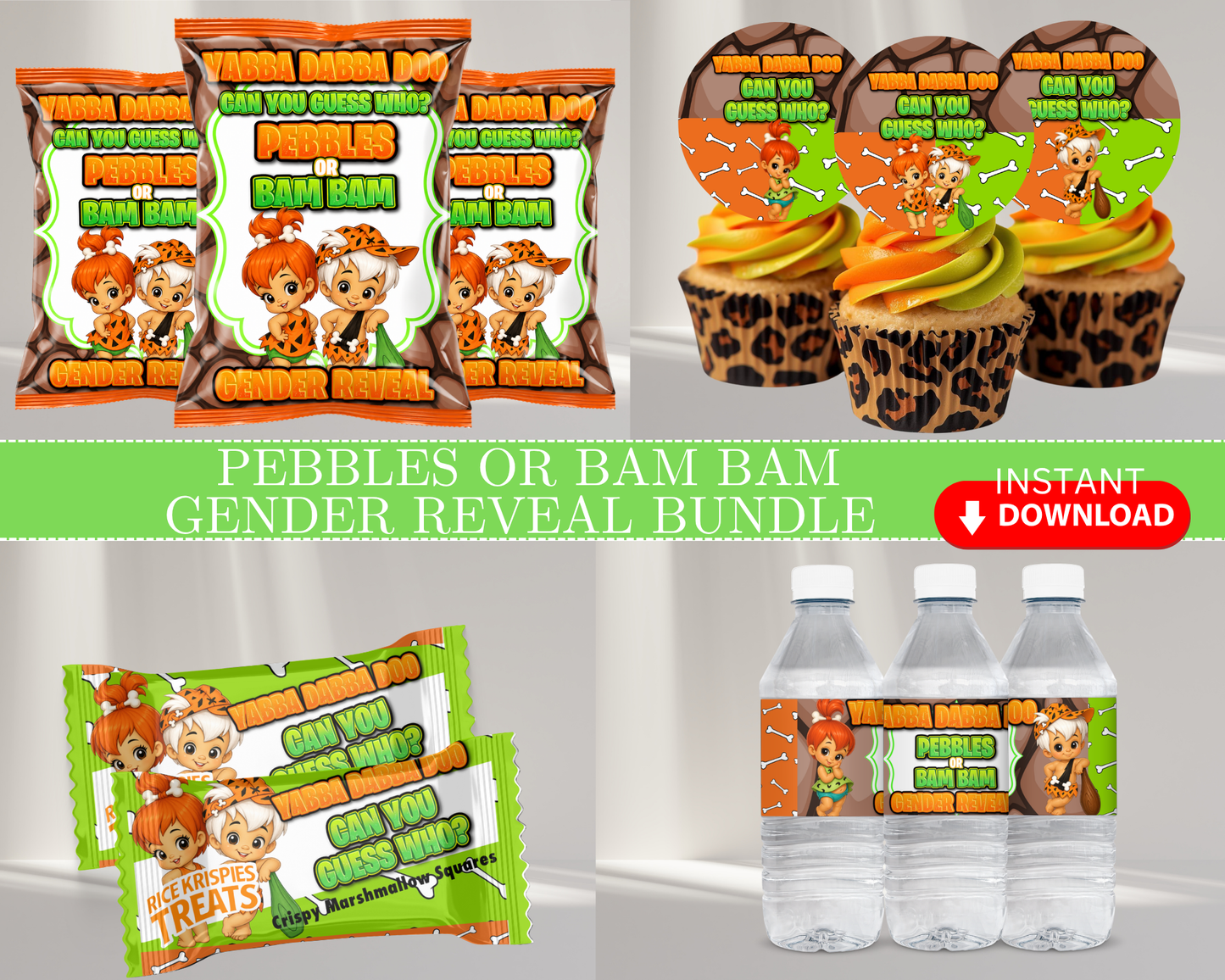 Pebbles or Bam Bam Gender Reveal Digital Package | Gender Reveal Bundle Green & Orange | Editable with CANVA PRO | Gender Reveal Favors | Digital File Only
