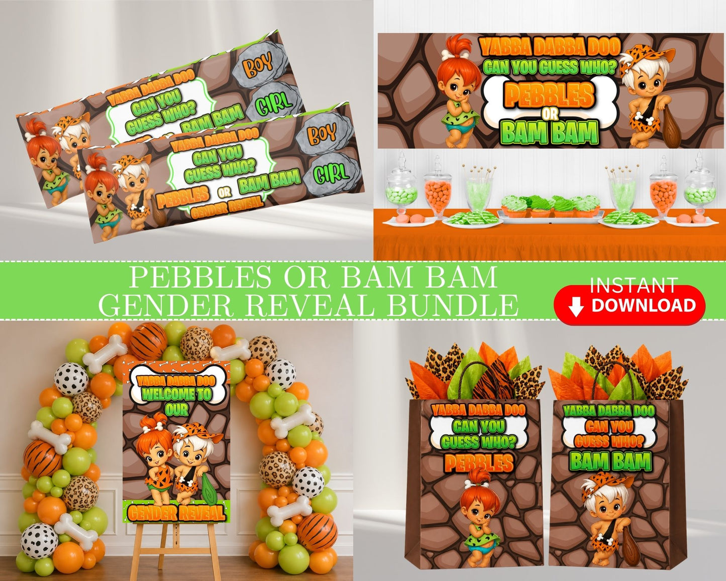 Pebbles or Bam Bam Gender Reveal Digital Package | Gender Reveal Bundle Green & Orange | Editable with CANVA PRO | Gender Reveal Favors | Digital File Only