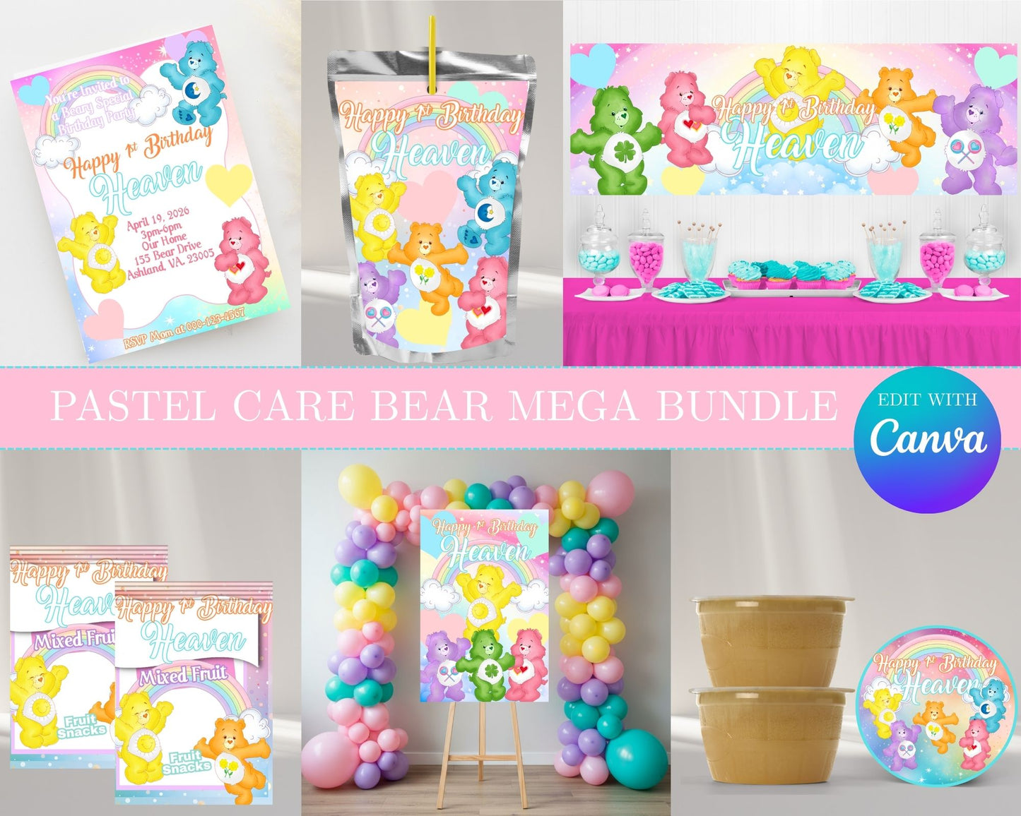 Pastel Care Bear MEGA Party Bundle | Edit Text with Canva | Pastel Care Bear Favor Bundle | Digital Files
