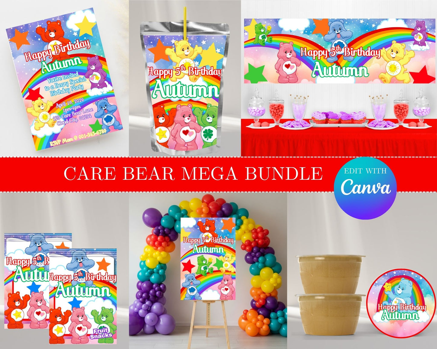 Care Bear MEGA Party Bundle | Edit Text with Canva | Care Bear Favor Bundle | Digital Files