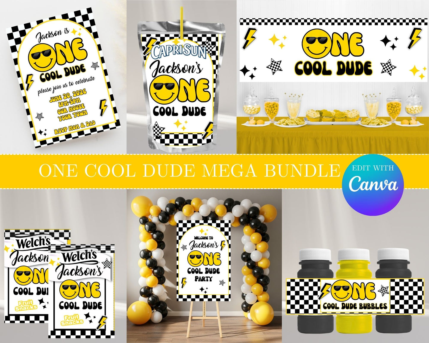 One Cool Dude MEGA Party Bundle | Edit Text with Canva | One Cool Dude Favor Bundle | Digital Files
