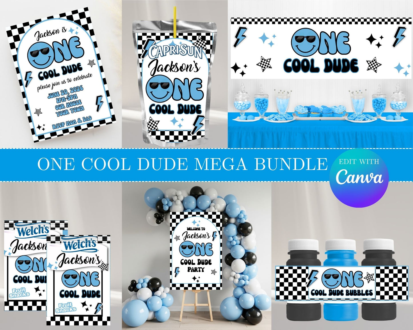 One Cool Dude MEGA Party Bundle | Edit Text with Canva | One Cool Dude Favor Bundle | Digital Files