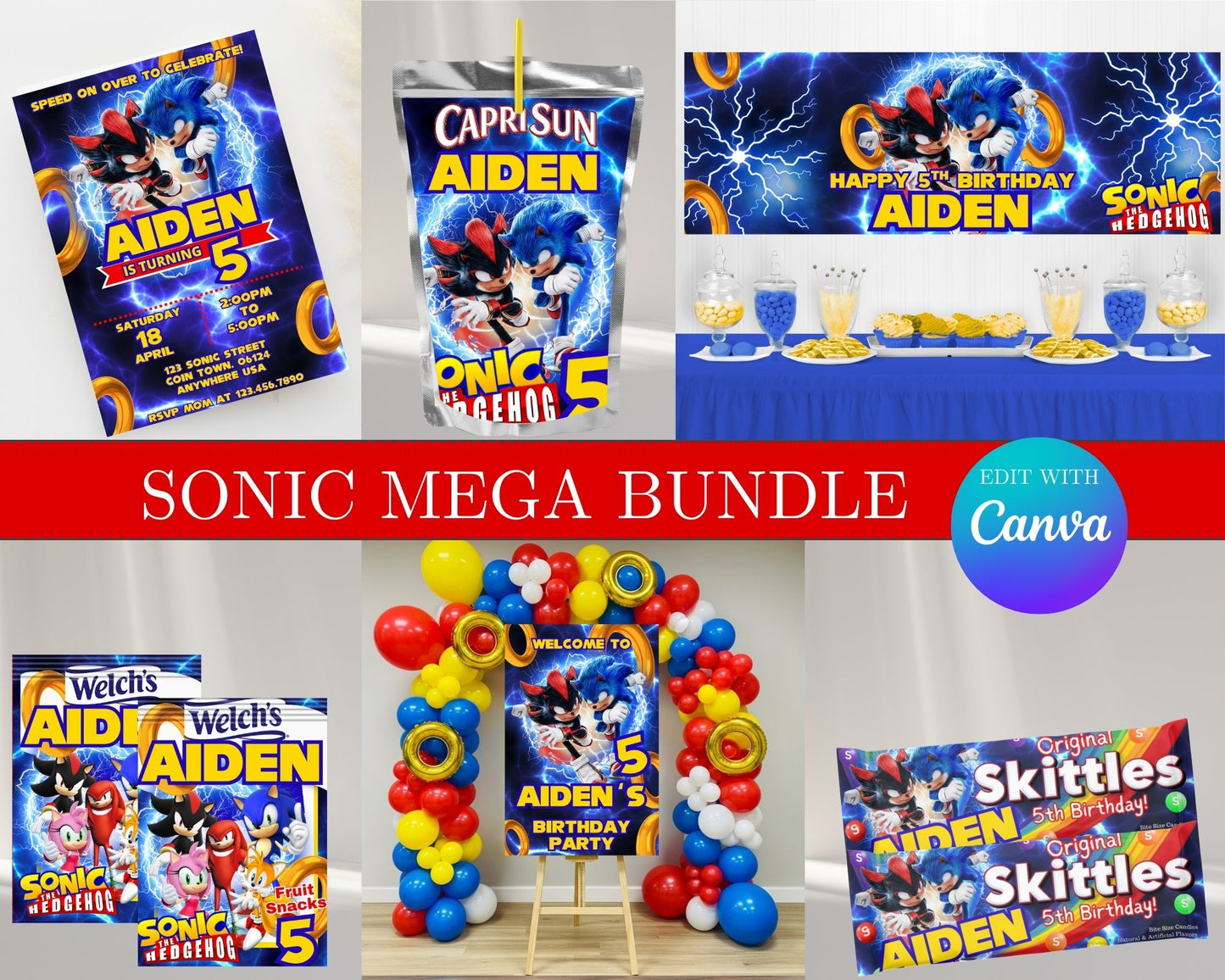 Sonic MEGA Party Bundle | Edit Text with Canva | Sonic Favor Bundle | Digital Files